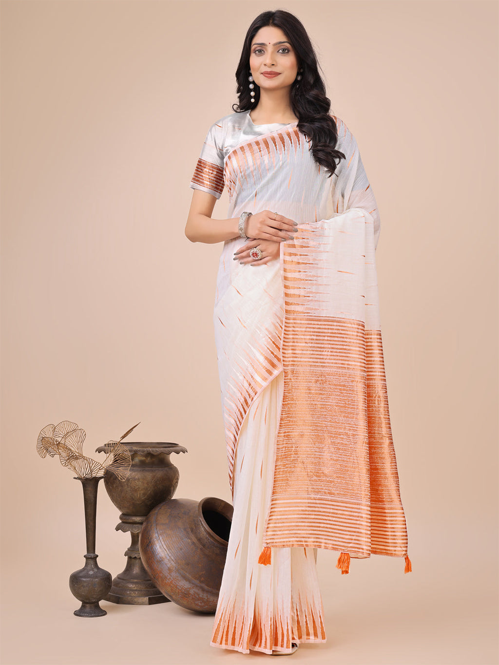 Anaita White Linen Cotton With Jacquard Work And Zari Weaving Saree With Blouse - Distacart