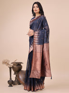 Anaita Navy Blue Linen Cotton With Jacquard Work And Zari Weaving Saree With Blouse - Distacart