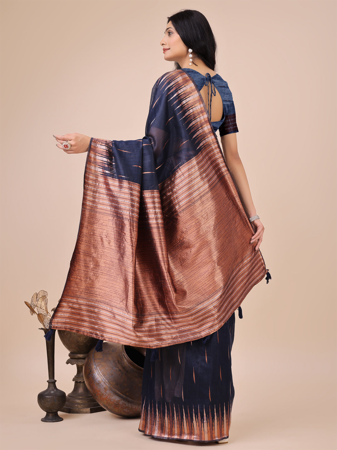 Anaita Navy Blue Linen Cotton With Jacquard Work And Zari Weaving Saree With Blouse - Distacart