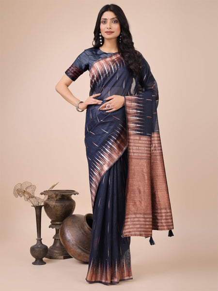 Anaita Navy Blue Linen Cotton With Jacquard Work And Zari Weaving Saree With Blouse