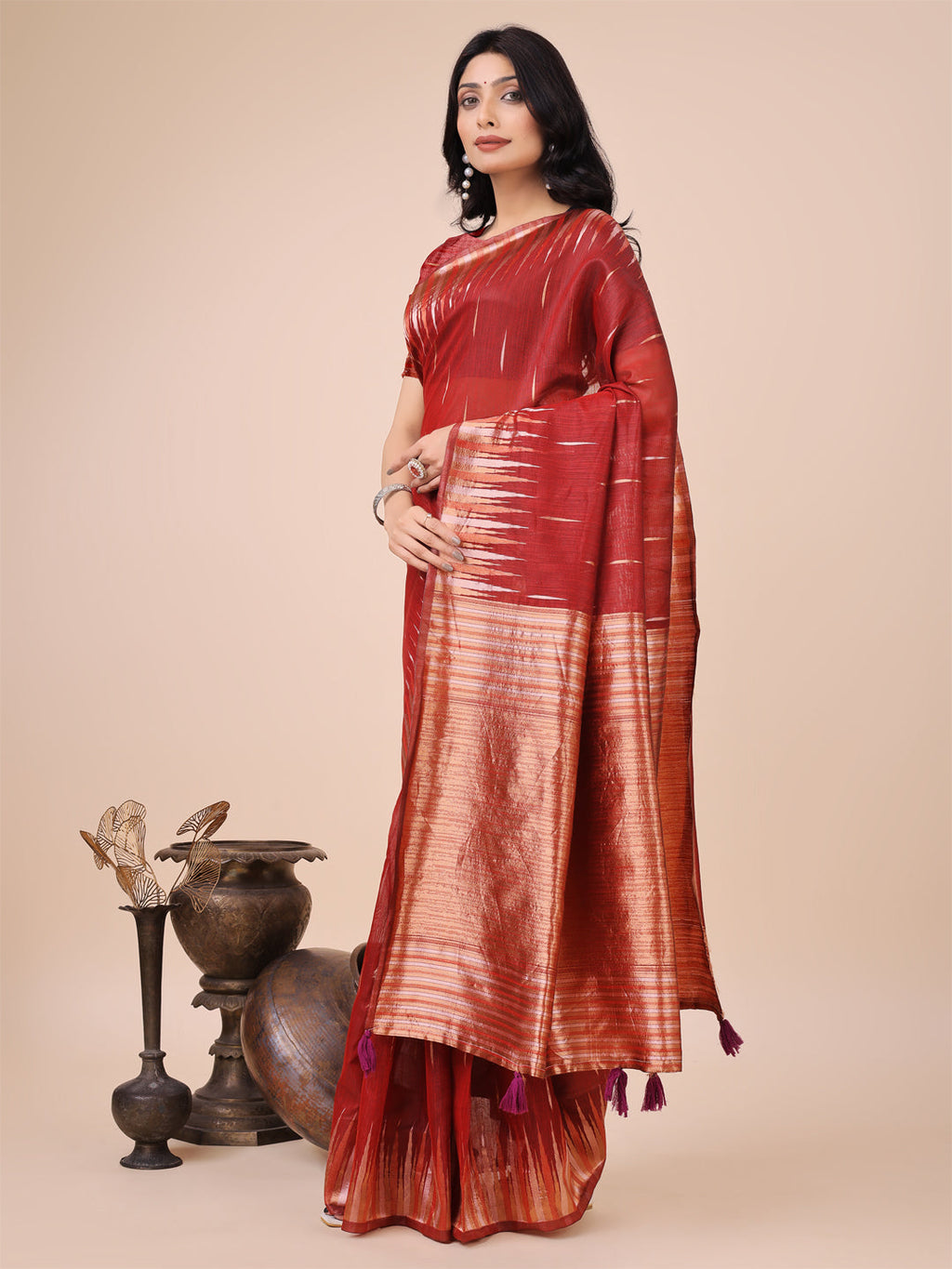 Anaita Red Linen Cotton With Jacquard Work And Zari Weaving Saree With Blouse - Distacart