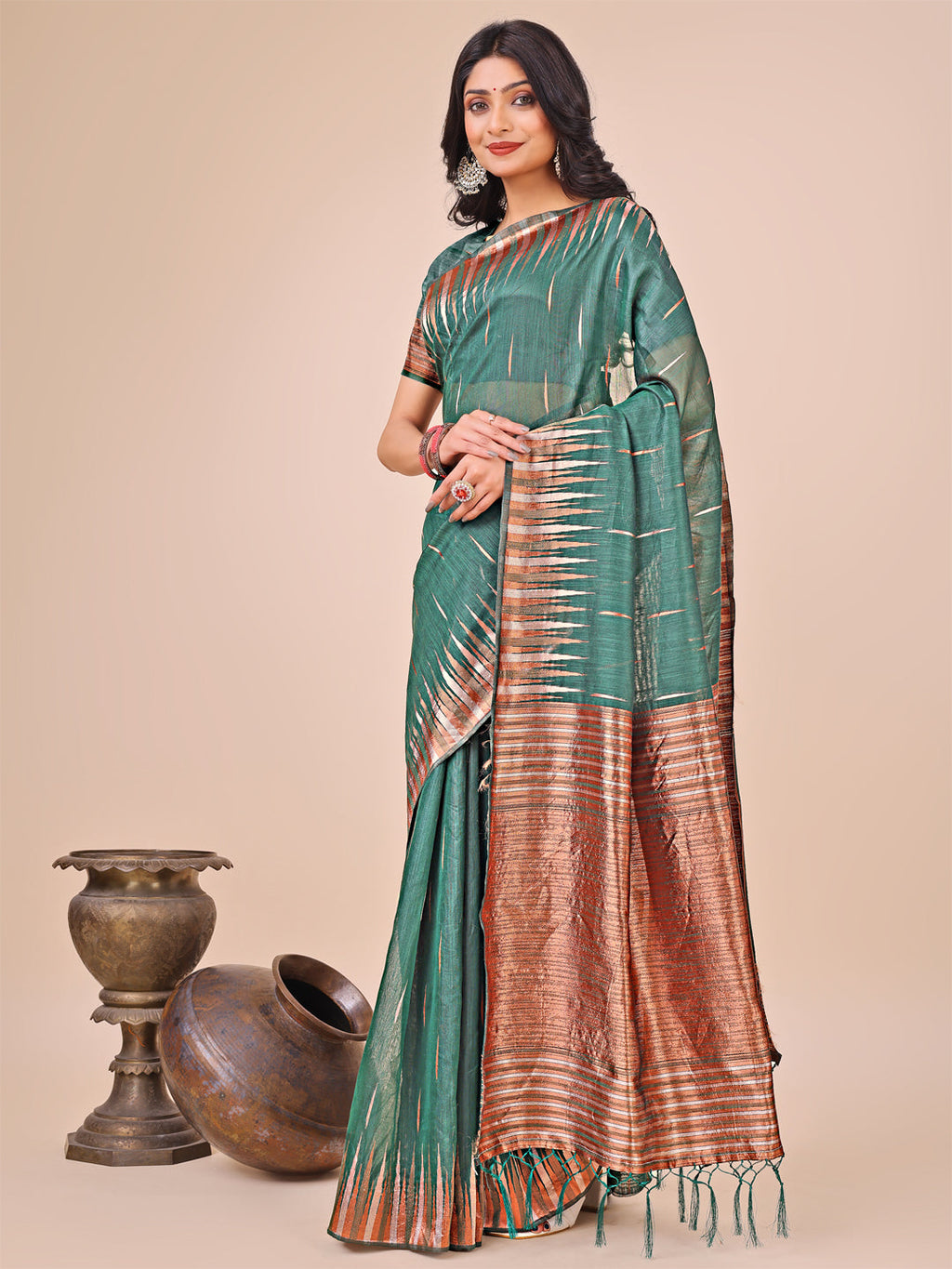 Anaita Green Linen Cotton With Jacquard Work And Zari Weaving Saree With Blouse - Distacart