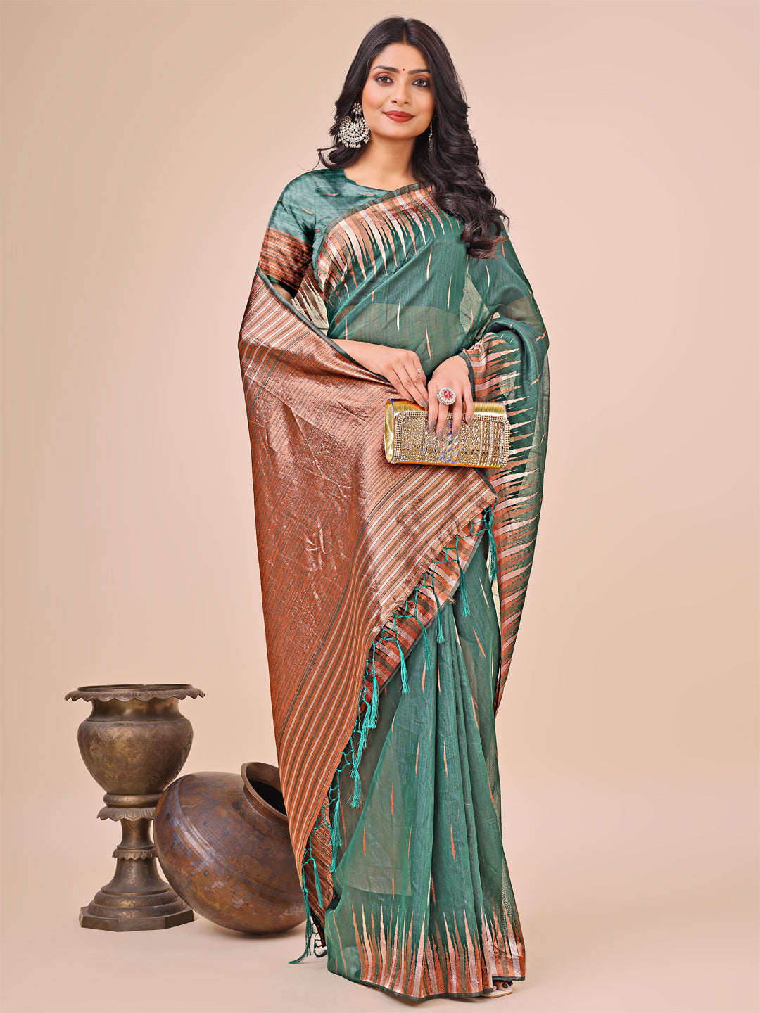Anaita Green Linen Cotton With Jacquard Work And Zari Weaving Saree With Blouse - Distacart