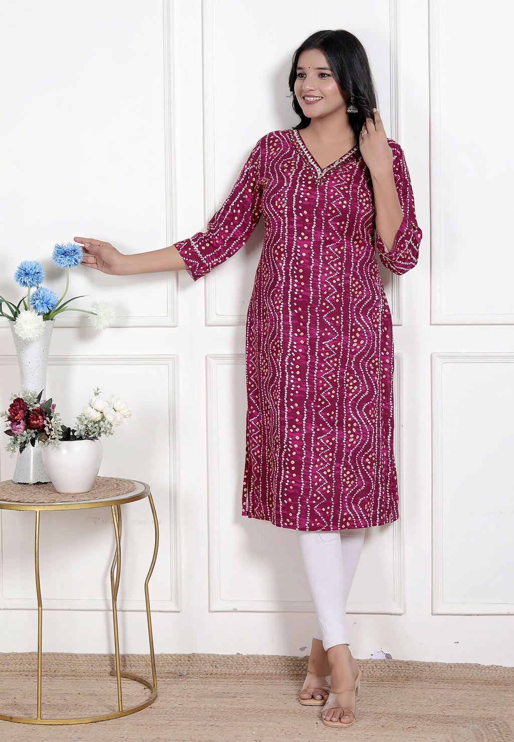Miravan Womens Magenta Bandhej Printed Rayon Kurti
