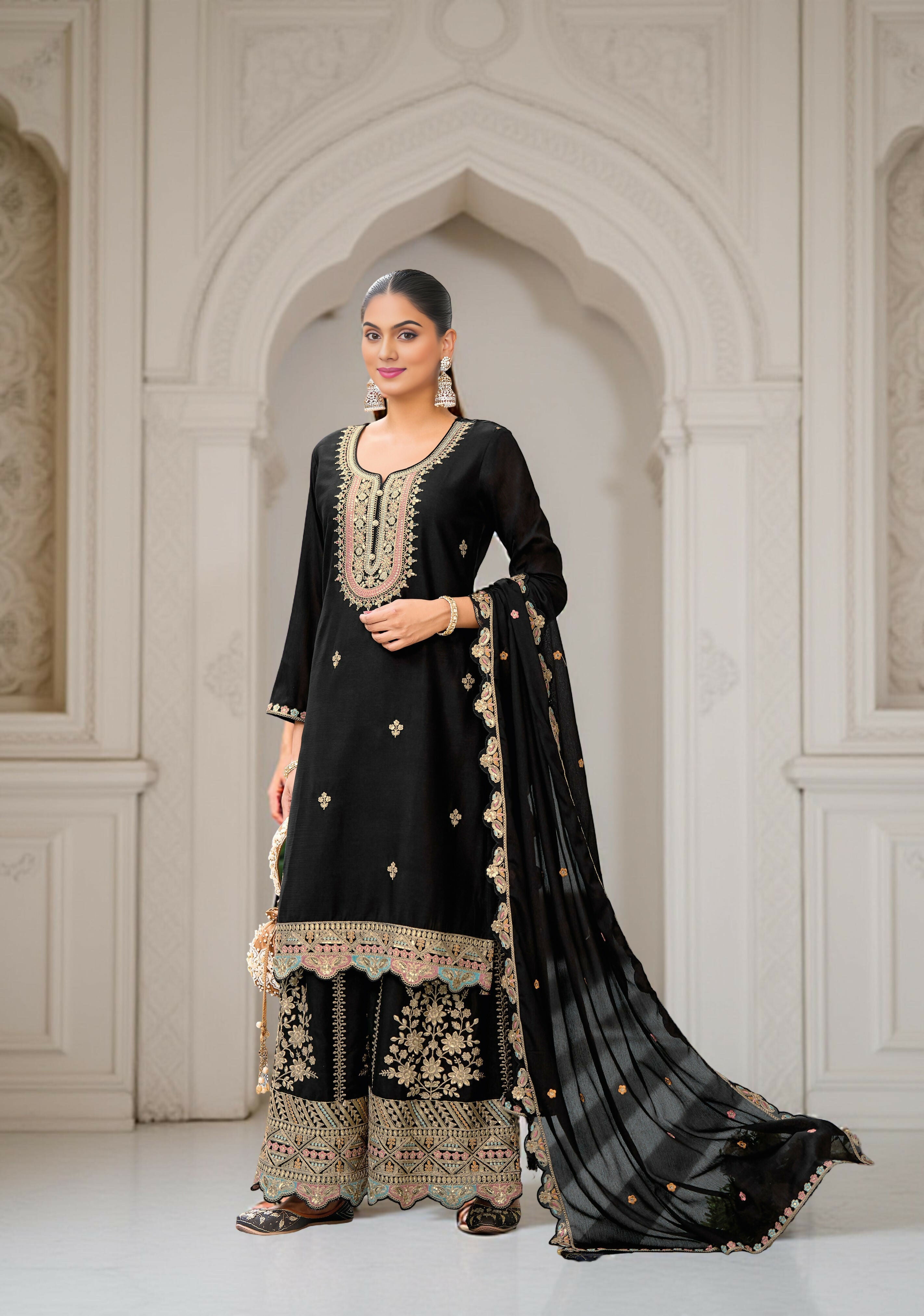 Ethnic Festive Wear Black Primium Chinon Fabric Stitched Suit With Dupatta - Zeeya