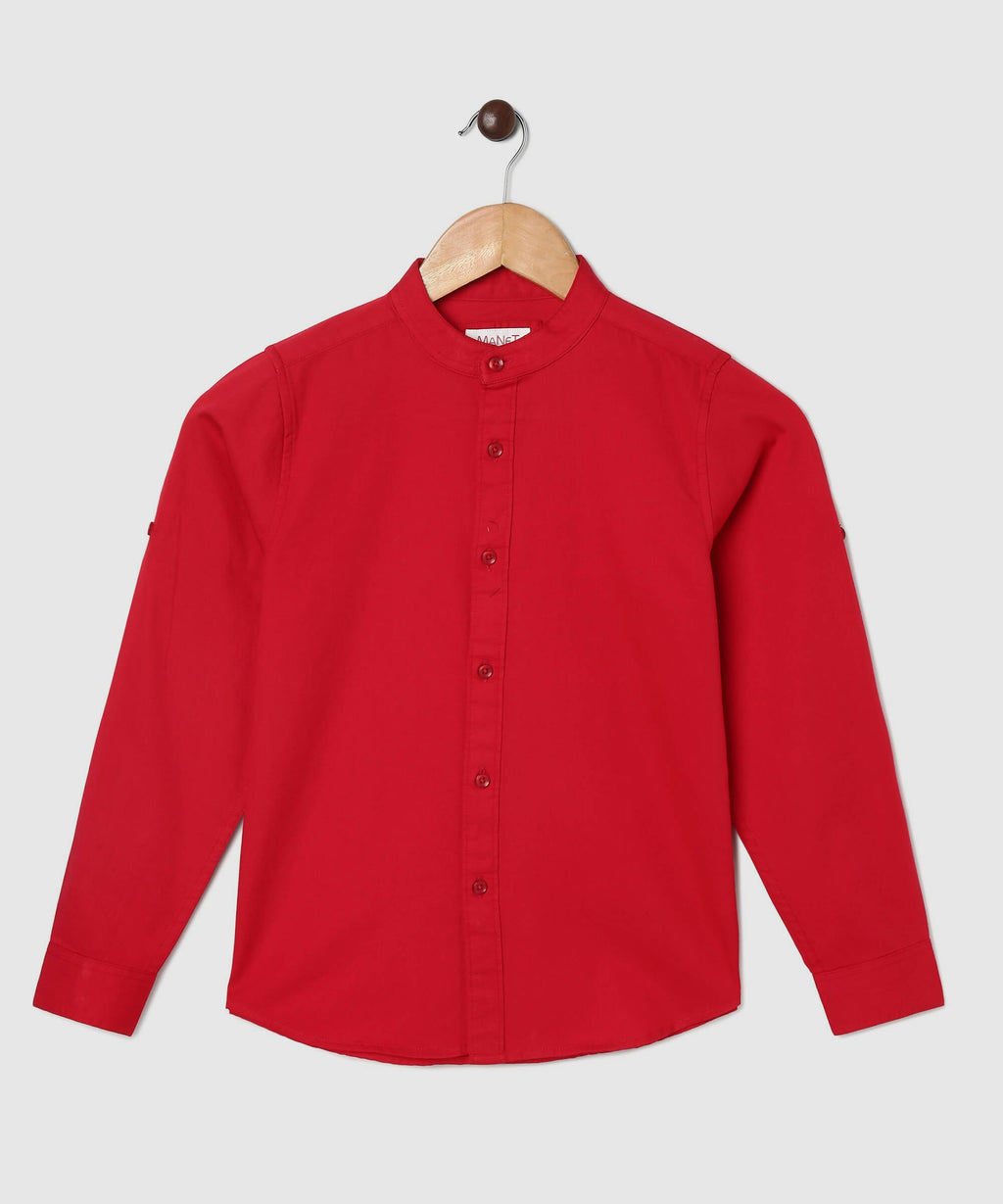 Manet Boys Mandarin Collar Full Sleeves Melange Shirt - Red