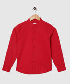 Manet Boys Mandarin Collar Full Sleeves Melange Shirt - Red