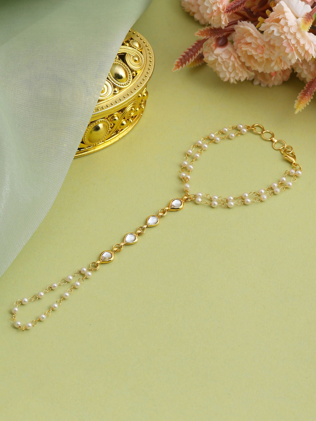 Ruby Raang Subtle Gold-Pearl Haath Phool - Distacart