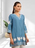 Joban Fashion Teal Silk Embroidered Readymade Tunic - Distacart