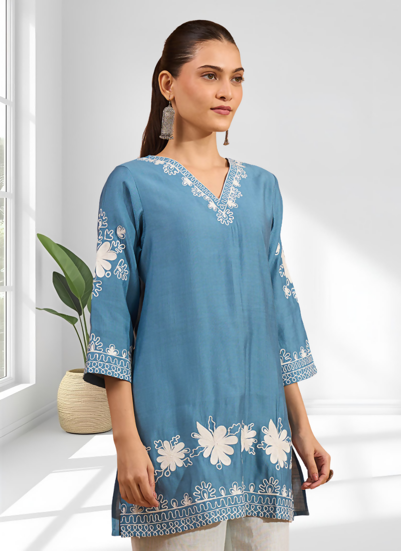 Joban Fashion Teal Silk Embroidered Readymade Tunic - Distacart