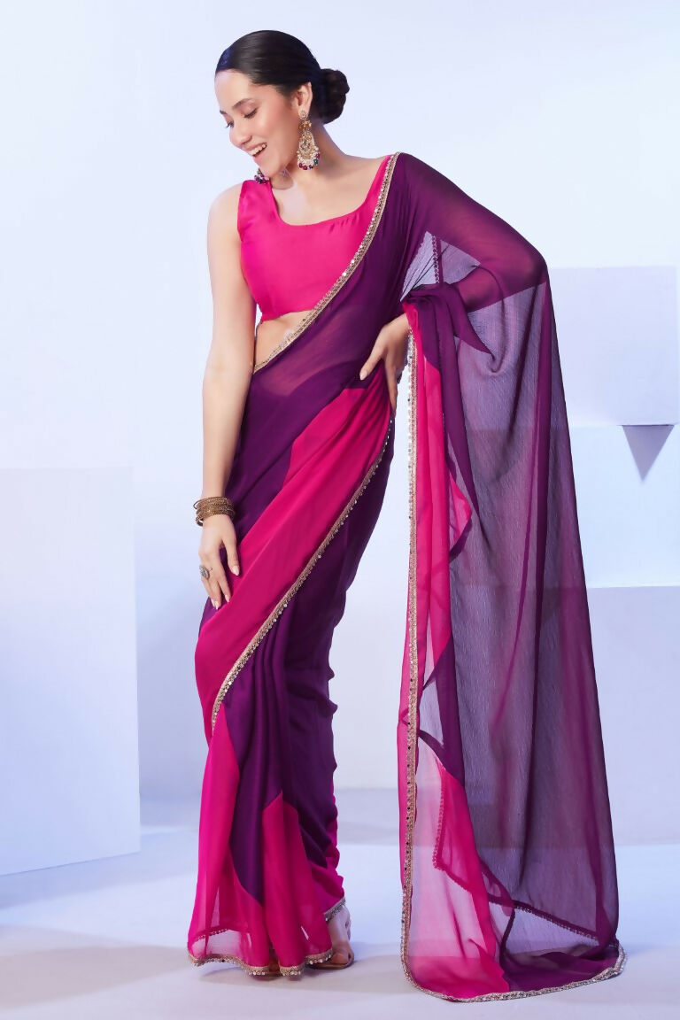 Purple Satin Moss Solid Designer & Lace Work Saree - Samaa