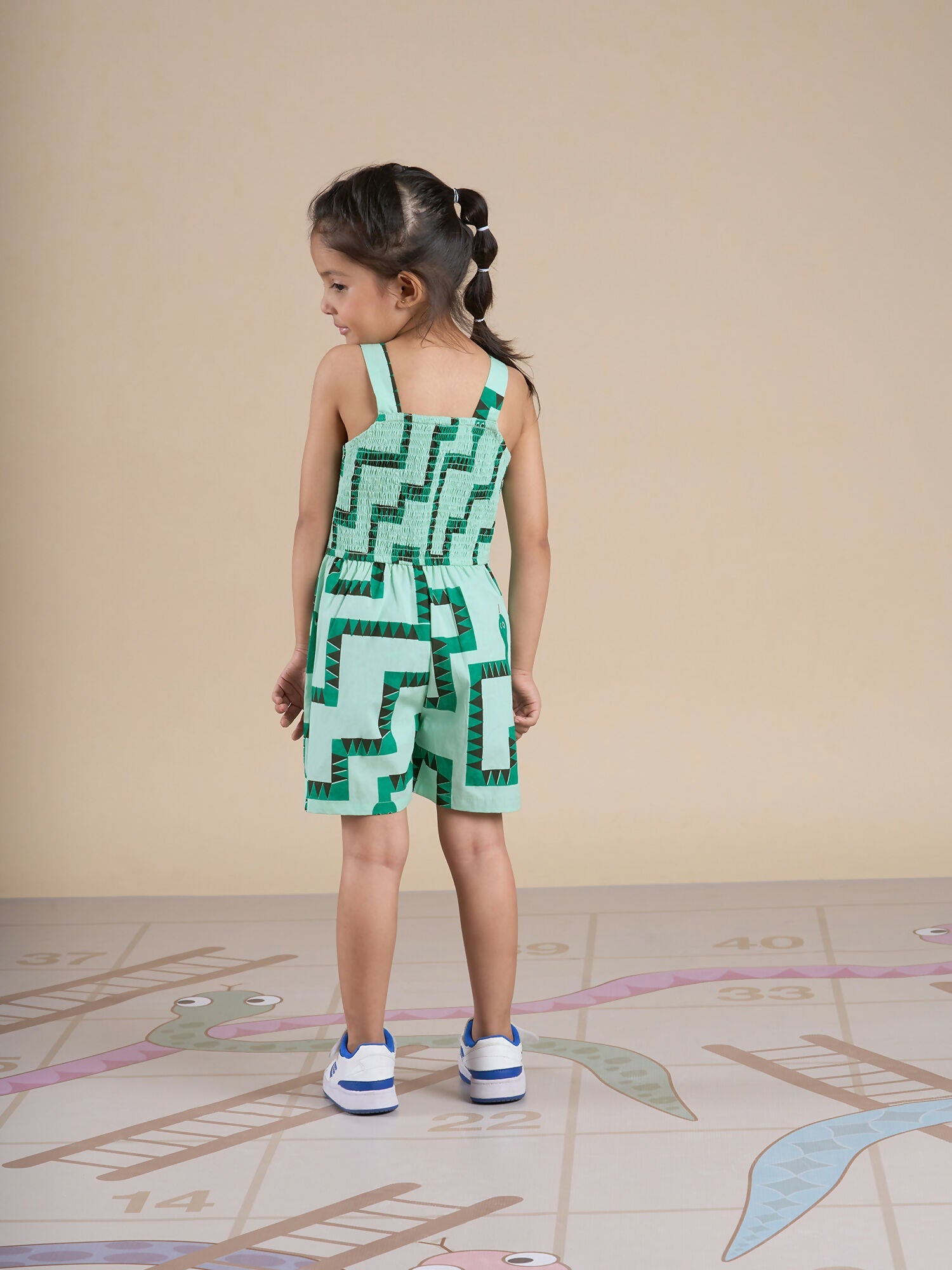 Snakes and Ladders Girls Green Table Print Jumpsuit from Siblings Collection