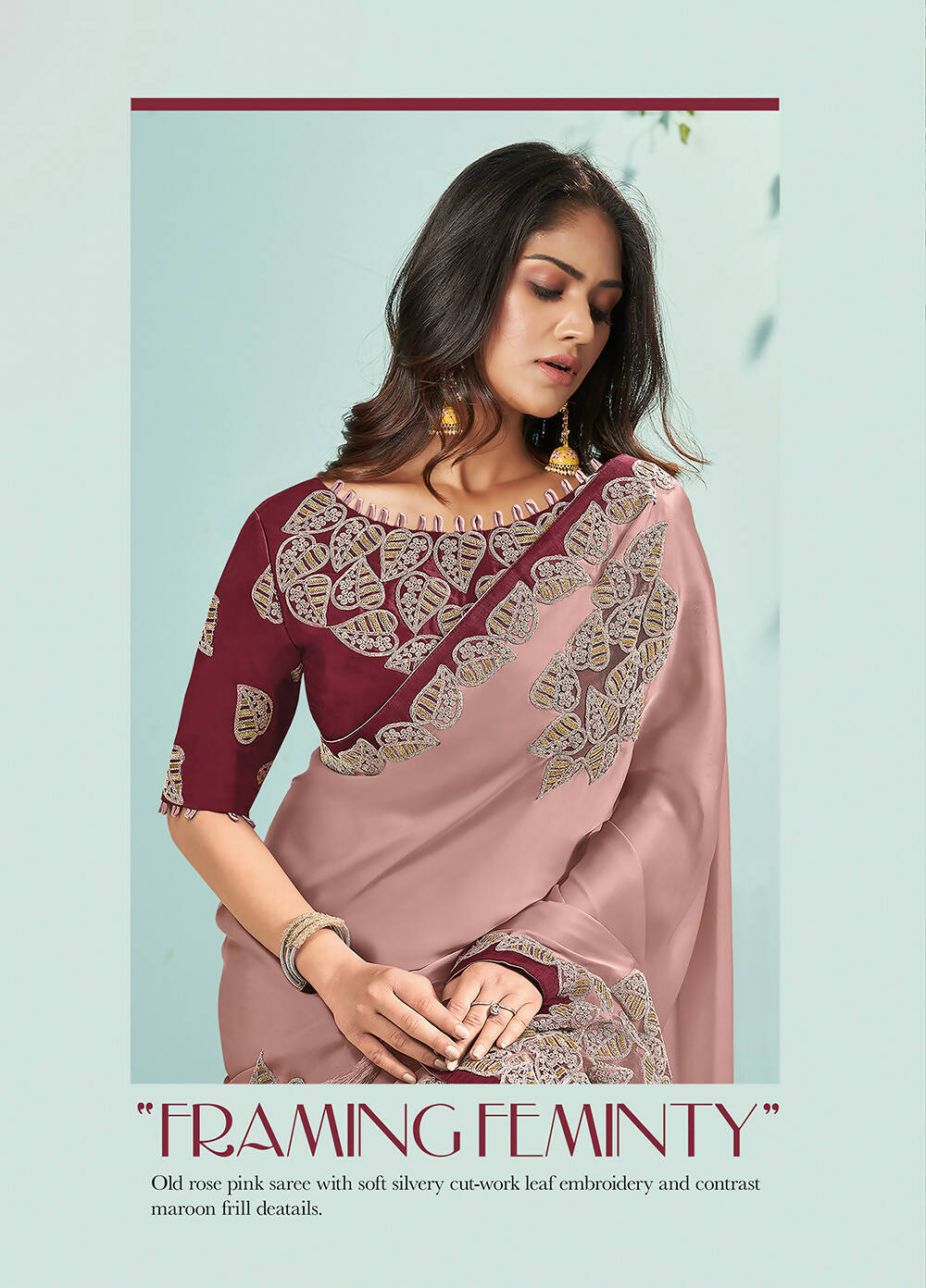 Rose Pink Silk Satin Embroidered Saree With Unstitched Blouse Piece - Norita Ikshita