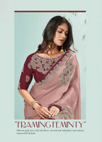 Rose Pink Silk Satin Embroidered Saree With Unstitched Blouse Piece - Norita Ikshita