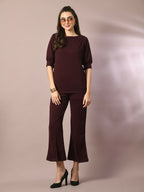 Myshka Women's Coffee Brown Solid Boat Neck Party Top