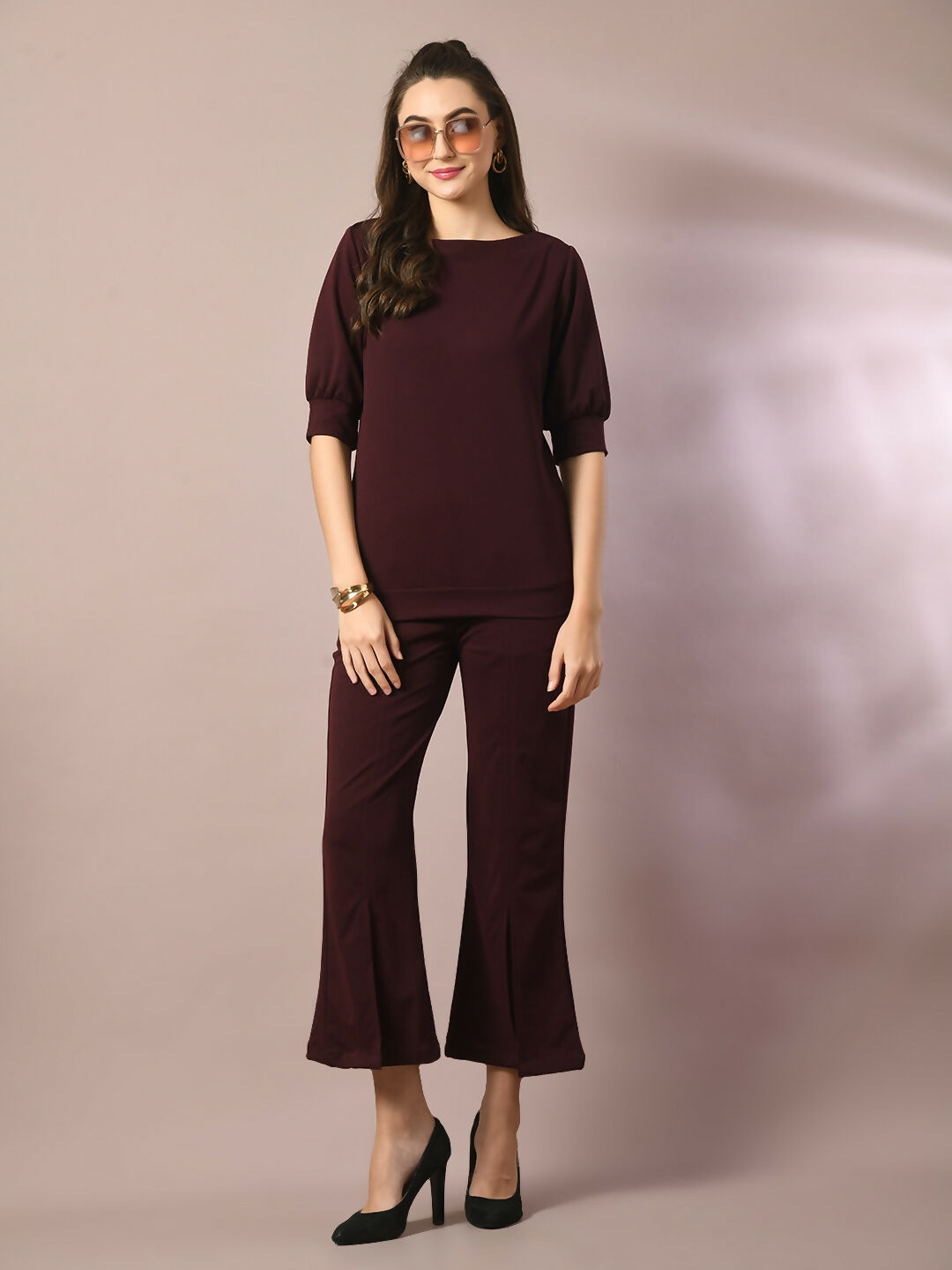 Myshka Women's Coffee Brown Solid Boat Neck Party Top