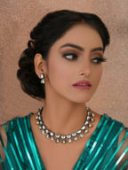 Dual Tone Kundan Neckpiece with Earrings Jewellery Set (silver) - Ruby Raang