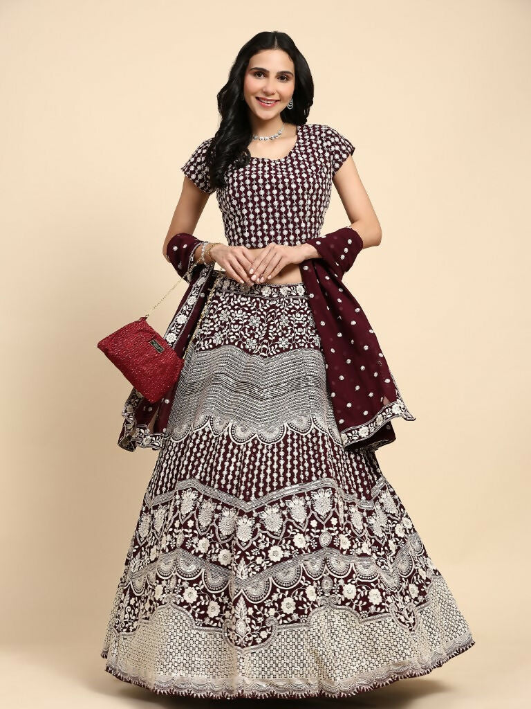 Brown Georgette Thread Embroidered Lehenga Choli with Dupatta - Tanya