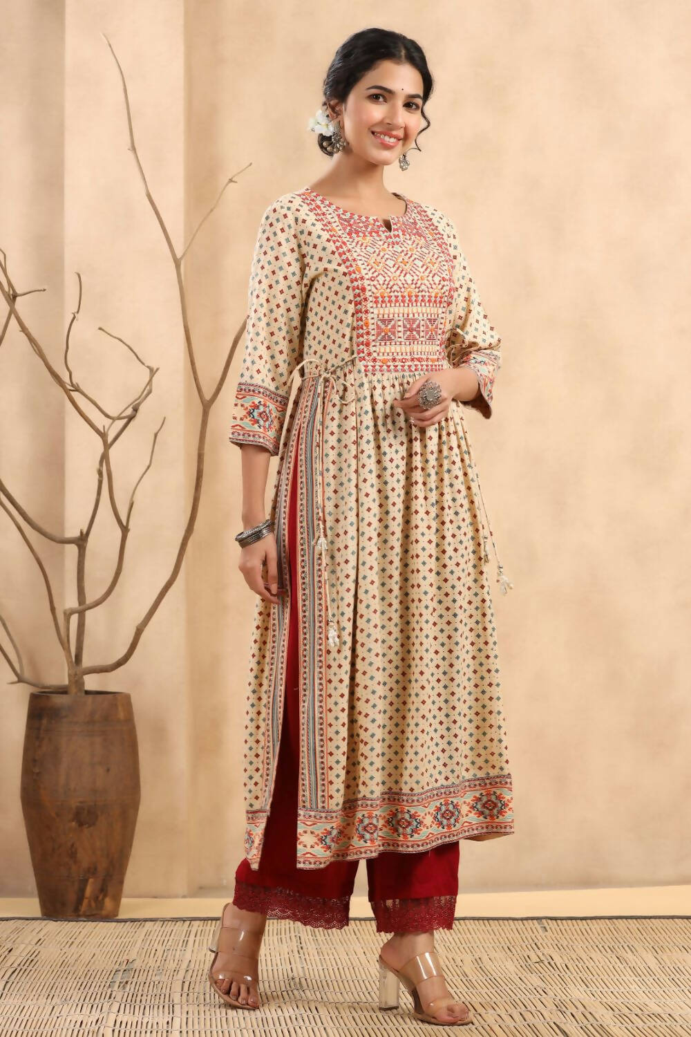 Juniper Women's Beige Rayon Printed Embroidered Straight Kurta - Distacart