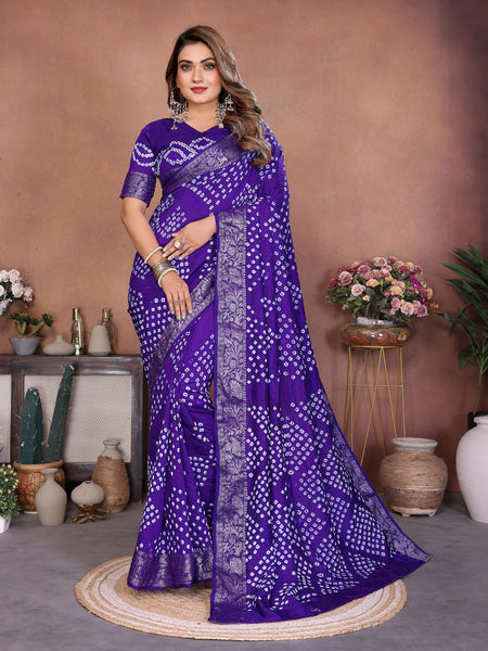 Aastha Fashion Purple Pure Dola Silk Handmade Original Bandhej Saree