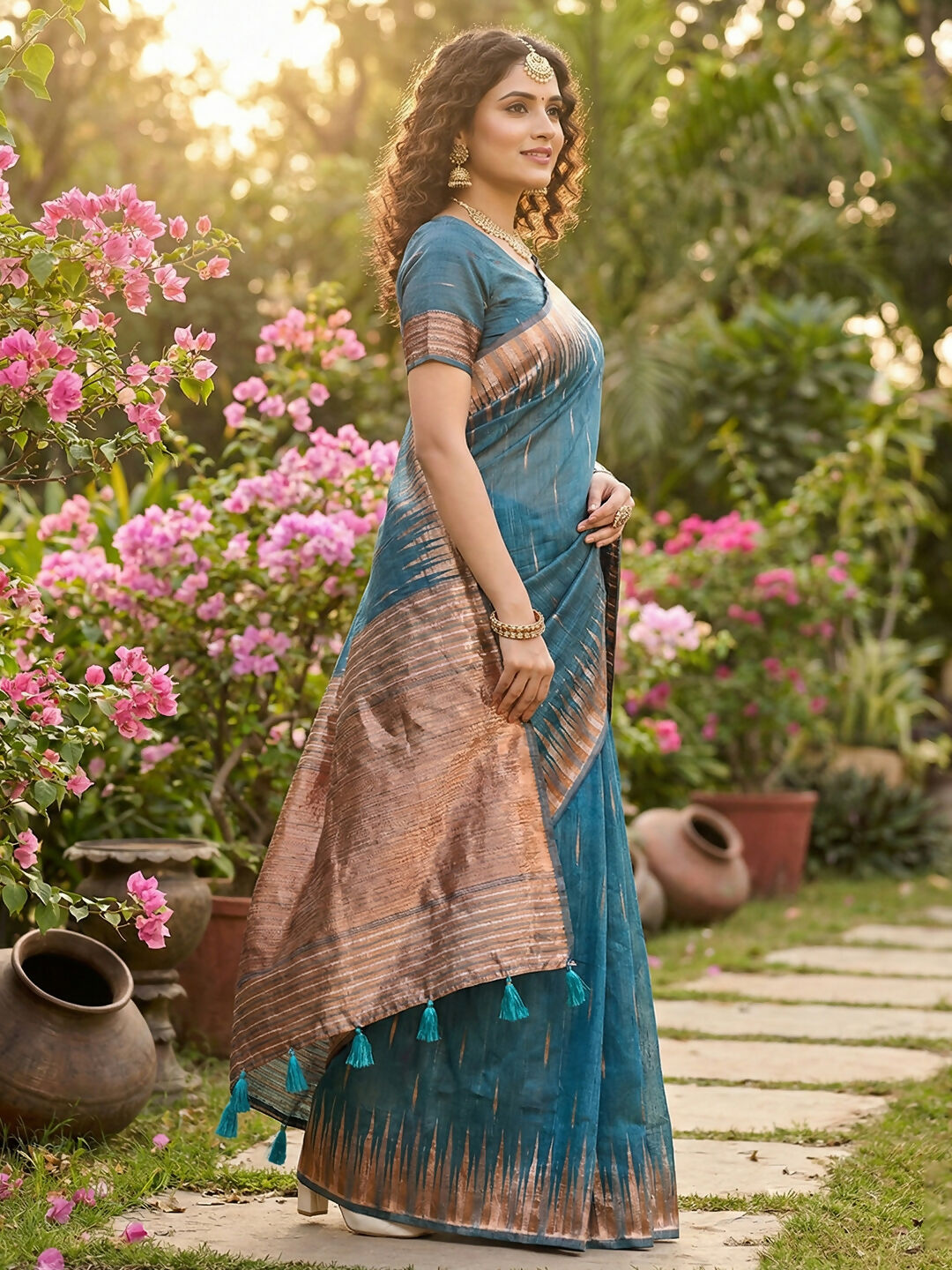 Shree Shyam Fashion Blue Linen Cotton Saree - Distacart