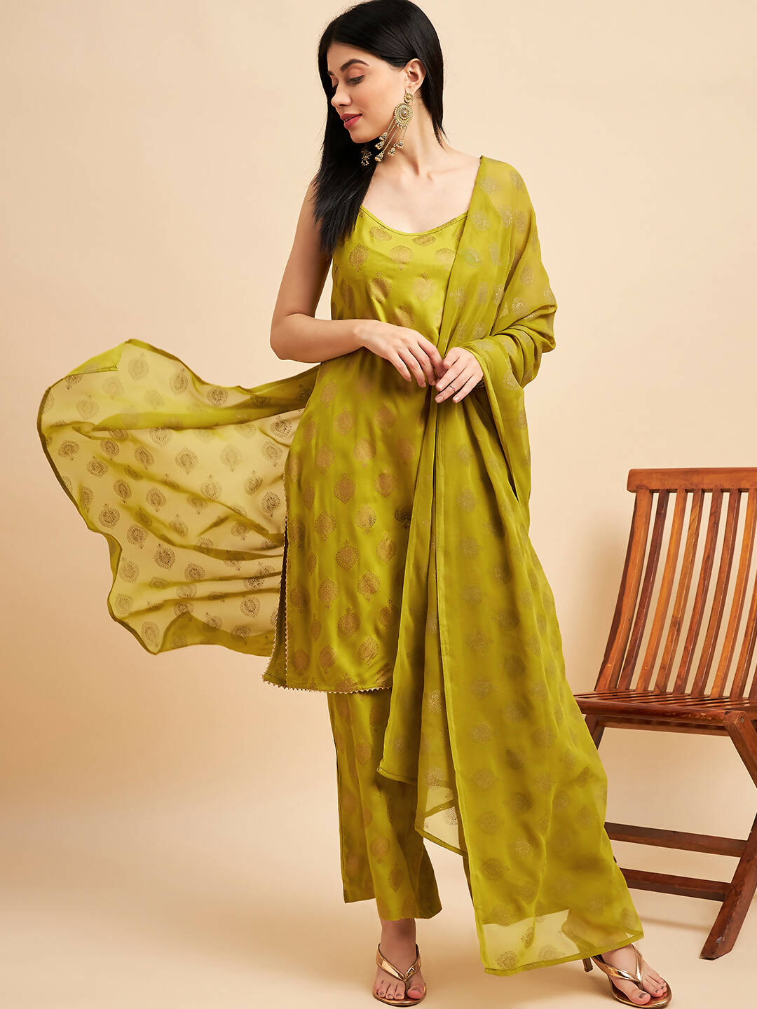 Lime Green & Golden Ethnic Motifs Print Kurta with Palazzo & Dupatta - Vishwa