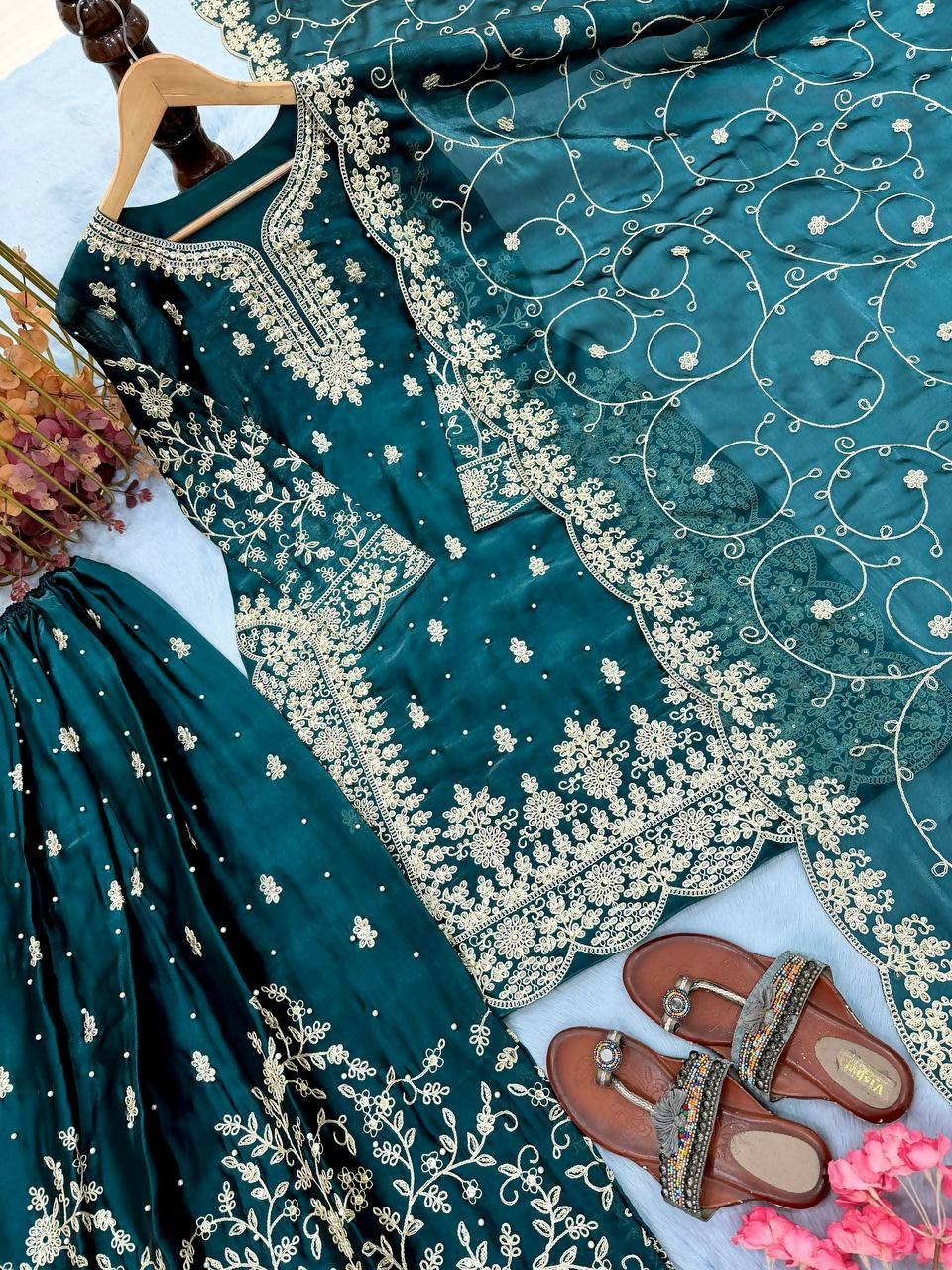 Teeya Creation Teal Pure Silk Gimmy Silk Heavy Embroidery Work Wedding Wear Palazzo Pair - Distacart