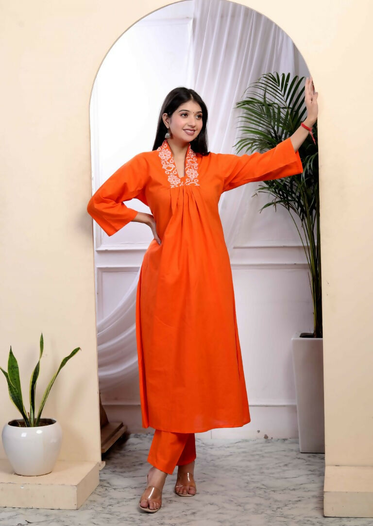 Miravan Women's Orange Cotton Embroidered A-Line Style Kurta And Palazzo