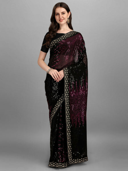 Vegaa Fashion Black Georgette Embroidered Party Wear Saree