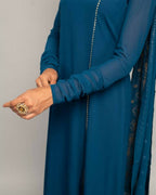 FIORRA Women's Teal Blue Creap A-Line Kurta Pant With Dupatta
