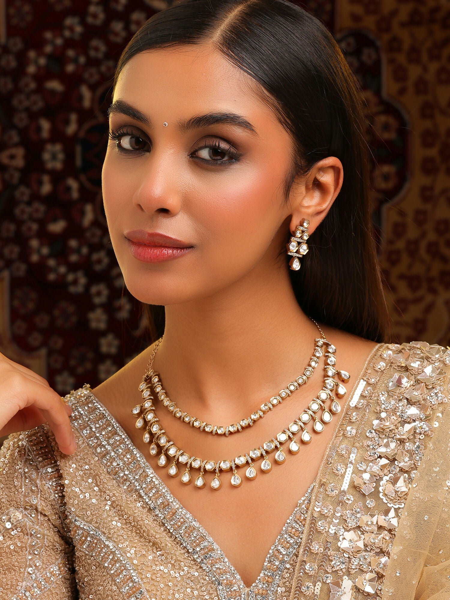 Ruby Raang 3-Layered Neck Piece With Earrings