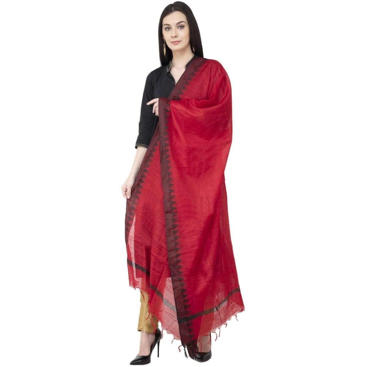 A R SILK Black Temple border Regular Dupatta Dark Red Color Dupatta or Chunni