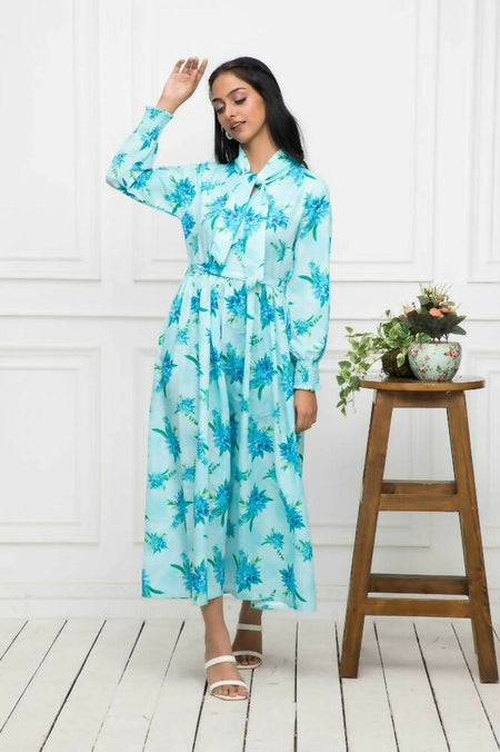 Myshka Women Blue Floral Rayon A-Line Shirt Collar Dress