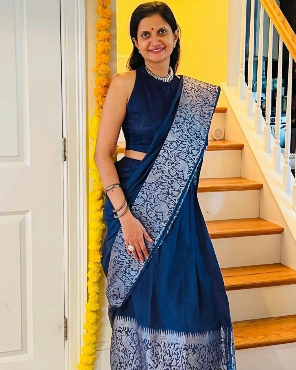 DEIANA'S Beautiful Designer Golden zari Soft Lichi Silk Saree - Blue