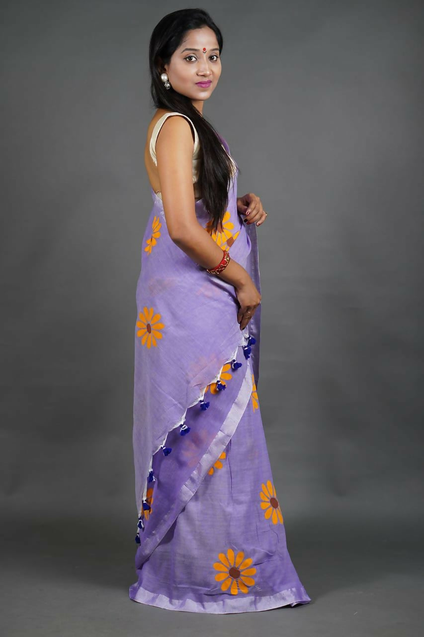 Exclusive Collection Light Violet Pure Cotton Saree With Sunflower Design - Distacart