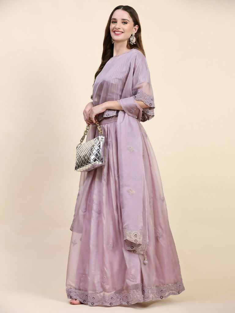 Purple Silk Embroidered Poncho Pattern Top & Lehenga with Dupatta - Tanya