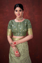 Pista Green Poly Habotai Silk Foil Print Saree with Unstitched Blouse - Kathari
