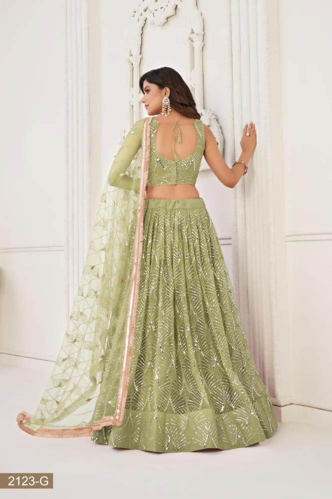 Aastha Fashion Pista Green Butterfly Net Tone To Tone Thread Work, Sequence Work And Original Mirror Work Embroidery Wedding Wear Lehenga Choli