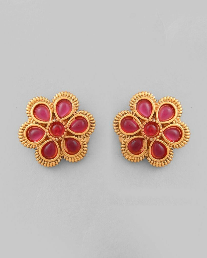 VOJ Gold-Polished Flower Shaped Ruby Stone Studded Jewellery Set