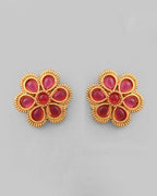 VOJ Gold-Polished Flower Shaped Ruby Stone Studded Jewellery Set