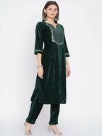 Women Republic Green Velvet Embroidered Kurta With Pant - Distacart