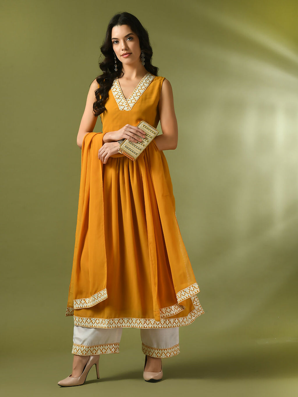 Myshka Women's Yellow Solid Georgette Anarkali Party Kurta Set With Dupatta