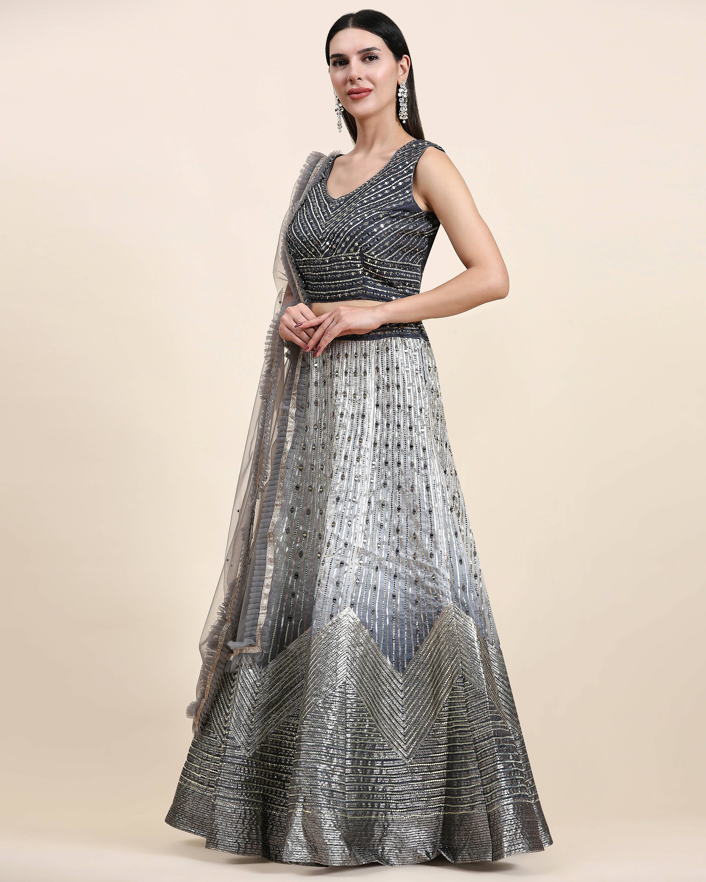 Grey Organza Mirror With Coding Work Lehenga Choli with Dupatta - Tanya