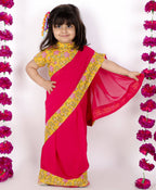 Little Bansi Girls Yellow and Magenta Red Saree with Floral Blouse