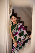 Vastranavya Green Viscose Chanderi Printed with Temple Border Saree & Unstitched Blouse - Distacart