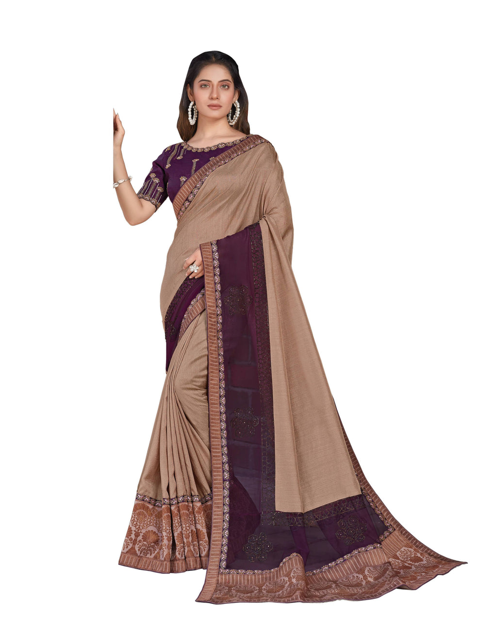 Beige, Purple Colored Tussar Silk Embroidered Saree With Blouse - Norita Royal Adveka