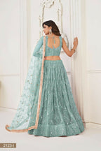 Aastha Fashion Ocean Blue Butterfly Net Tone To Tone Thread Work, Sequence Work And Original Mirror Work Embroidery Wedding Wear Lehenga Choli