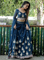 Jyoti Fashion Blue Sequence with Thread Zari Embroidery Georgette Lehenga Choli with Dupatta