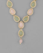 VOJ Gold-Polished Nude Pink And Mint Green Stone Studded Jewellery Set With Maang Tikka