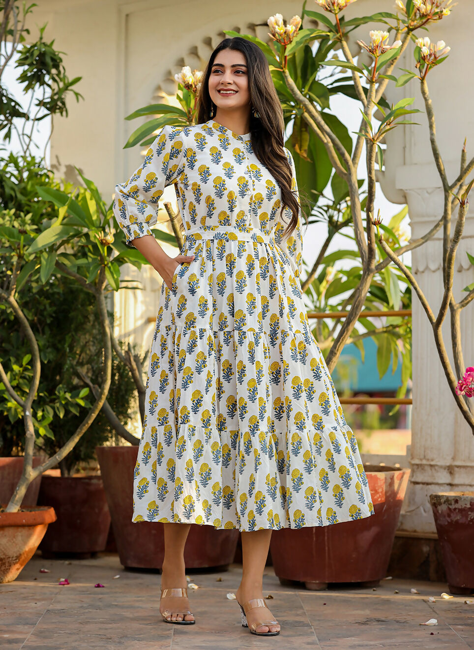 Kaajh Women's White-Yellow Ethnic Floral Hand Block Print Cotton Dress - Distacart